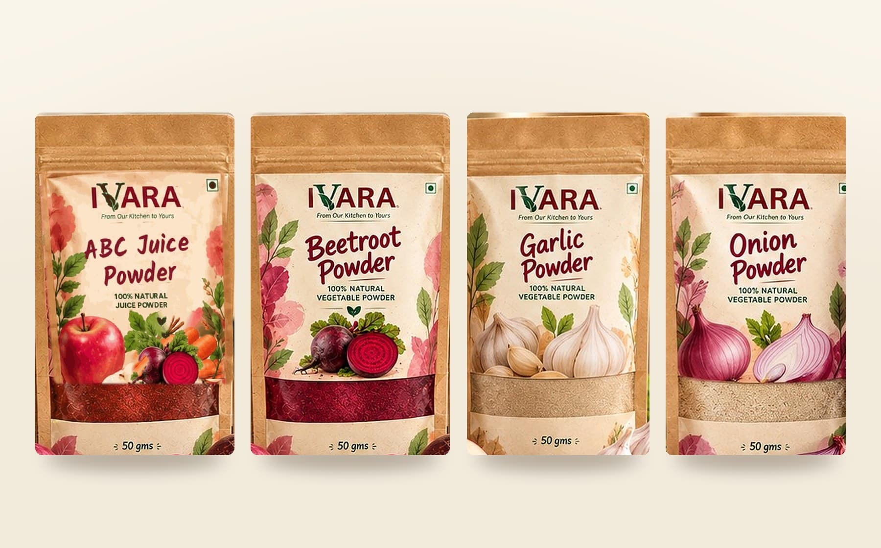 The four IVARA pouches: ABC juice, beetroot, garlic and onion powder